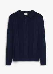 Sweter polo z czystej bawełny. Niebieskie swetry męskie bonprix, m, bez wzorów, z bawełny, bez kołnierzyka. Za 129.99 zł.