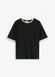 Bluzka z koronkową lamówką. Niebieskie bluzki damskie bonprix, bez wzorów, z koronki, eleganckie, bez kołnierzyka, bez ramiączek. Za 64.99 zł.