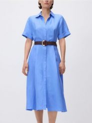 Sukienka midi z lnem - niebieski. Niebieskie sukienki damskie Reserved, l, bez wzorów, z wiskozy, bez kołnierzyka, bez ramiączek, midi, rozkloszowane. Za 199.99 zł.