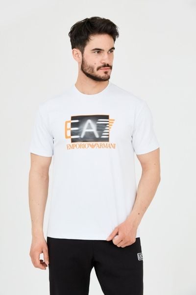 EA7 Męski biały t-shirt z holograficznym logo, Rozmiar XL. Białe t-shirty męskie EA7 Emporio Armani, m, bez wzorów, bez kołnierzyka. W wyprzedaży za 246.99 zł.
