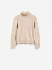 Sweter z wełny merino z dodatkiem kaszmiru - beżowy. Brązowe swetry klasyczne damskie Reserved, l, z kaszmiru, bez kołnierzyka. Za 299.99 zł.