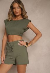 Zielone Szorty z Bawełną High Waist z Ozdobnym Sznurkiem Axemia. Zielone szorty damskie Renee, bez wzorów, z bawełny, eleganckie, z podwyższonym stanem. Za 44.99 zł.