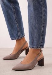 Beżowe Klasyczne Czółenka na Słupku Bez Pięty z Imitacji Zamszu Tyllia. Brązowe czółenka damskie Born2be, bez wzorów, bez obcasa, na słupku. Za 119.99 zł.