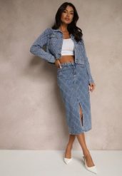 Niebieska Spódnica Jeansowa z Bawełny High Waist Ozdobiona Przetarciami Carithwen. Niebieskie spódniczki damskie Renee, s, bez wzorów, z bawełny, eleganckie, z podwyższonym stanem, midi, dopasowane. Za 54.99 zł.