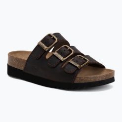 Klapki damskie Scholl Rio Wedge Ad Med. Brązowe klapki damskie Scholl, bez wzorów, z materiału, bez obcasa. Za 289.99 zł.