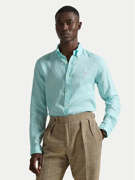 Polo Ralph Lauren Koszula 710968915501 Turkusowy Slim Fit. Niebieskie koszule męskie Polo Ralph Lauren, m, bez wzorów, ze lnu, bez kołnierzyka, bez ramiączek. Za 661.99 zł.