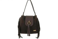 Skórzana torebka boho z frędzlami - Brązowa ciemna. Brązowe torebki klasyczne damskie Barberinis, bez wzorów, ze skóry, małe, bez dodatków. Za 286.99 zł.