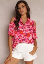Fuksjowa Koszula Open Shoulder w Kwiatowy Print Veconda. Czerwone koszule damskie Renee, xl, bez wzorów, bez kołnierzyka, bez ramiączek. Za 79.99 zł.