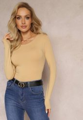 Ciemnobeżowa Bluzka z Elastycznej Bawełny o Dopasowanym Kroju Evas. Brązowe bluzki damskie Renee, l, bez wzorów, z bawełny, eleganckie, bez kołnierzyka, bez ramiączek. Za 29.99 zł.