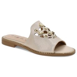 Złote Klapki S.Barski Eleganckie Buty Damskie. Żółte klapki damskie S.BARSKI, bez wzorów, ze skóry ekologicznej, bez obcasa. Za 109.00 zł.