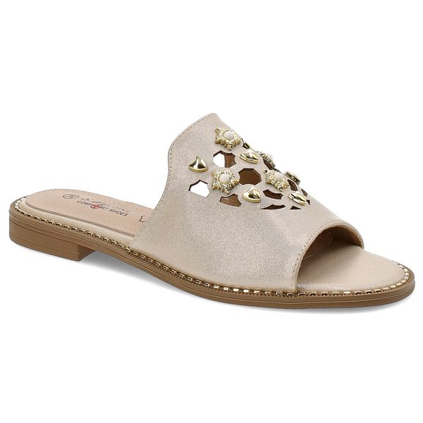 Złote Klapki S.Barski Eleganckie Buty Damskie. Żółte klapki damskie S.BARSKI, bez wzorów, ze skóry ekologicznej, bez obcasa. Za 109.00 zł.