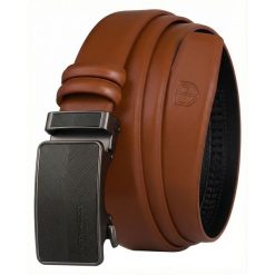Skórzany pasek męski w jasnobrązowym kolorze z automatyczną, czarną klamrą Peterson PTN A011-AB TAN. Brązowe paski męskie Peterson, bez wzorów, ze skóry, eleganckie. Za 59.99 zł.