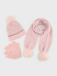Komplet zimowy z pomponami: czapka, szalik i rękawiczki 3 pack - różowy. Czerwone szaliki dziecięce Sinsay, bez ramiączek. Za 39.99 zł.