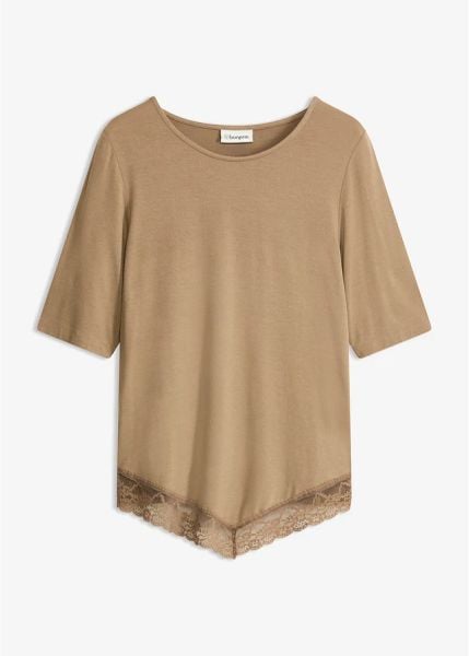 T-shirt z miękkiej wiskozy. Czarne t-shirty damskie bonprix, bez wzorów, z koronki, bez kołnierzyka. Za 64.99 zł.