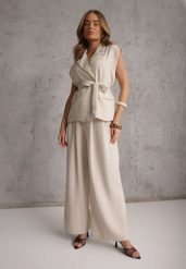 Beżowy Wiskozowy Komplet Garniturowy Spodnie Wide Leg i Kamizelka z Paskiem Elyenryl. Brązowe kamizelki damskie Renee, bez wzorów, z materiału, eleganckie. Za 209.99 zł.