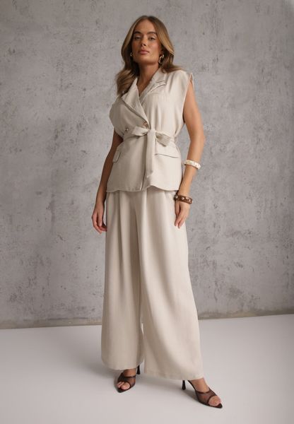 Beżowy Wiskozowy Komplet Garniturowy Spodnie Wide Leg i Kamizelka z Paskiem Elyenryl. Brązowe kamizelki damskie Renee, bez wzorów, z materiału, eleganckie. Za 179.99 zł.