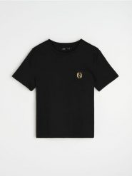 Bawełniana koszulka z krótkim rękawem i błyszczącą aplikacją - czarny. Czarne t-shirty damskie Sinsay, l, z aplikacjami, z bawełny, bez kołnierzyka. Za 25.99 zł.