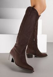 Ciemnobrązowe Kozaki Kowbojki w Klasycznym Stylu z Imitacji Zamszu Lataselia. Brązowe kozaki damskie Renee, z jeansu, ze szpiczastym noskiem, bez obcasa, na obcasie. Za 169.99 zł.