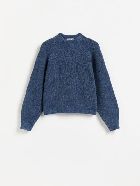 Sweter ze stójką - granatowy. Niebieskie swetry klasyczne damskie Reserved, l, z dzianiny, bez kołnierzyka. Za 129.99 zł.