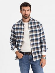 Klasyczna flanelowa męska koszula bawełniana w kratę - brązowo-granatowa V1 OM-SHCS-0157 - XL. Niebieskie koszule męskie Ombre Clothing, l, bez wzorów, z bawełny, bez kołnierzyka, bez ramiączek. W wyprzedaży za 59.99 zł.