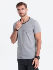 T-shirt męski bawełniany - szary V1. Szare t-shirty męskie Ombre Clothing, l, bez wzorów, z bawełny, bez kołnierzyka. W wyprzedaży za 19.99 zł.