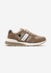 Ciemnobeżowe Buty Sportowe z Przeszyciami i Ozdobnym Paskiem z Napisem Seriven. Brązowe buty sportowe na co dzień męskie Born2be, z jeansu, bez zapięcia. Za 109.99 zł.