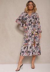Czarna Sukienka w Kwiatowy Print o Rozkloszowanym Kroju z Dekoltem w Serek Janellia. Czarne sukienki damskie Renee, bez wzorów, bez kołnierzyka, bez ramiączek, midi, rozkloszowane. W wyprzedaży za 76.99 zł.