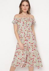 Biało-Zielona Bawełniana Sukienka Midi w Kwiatowy Print o Fasonie Hiszpanki Anirpe. Białe sukienki damskie Born2be, na lato, l, bez wzorów, z bawełny, bez kołnierzyka, bez ramiączek, midi. W wyprzedaży za 47.99 zł.