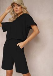 Czarny Komplet Dresowy Bluza z Kapturem i Krótkimi Rękawami oraz Szorty Choana. Czarne bluzy z kapturem damskie Renee, bez wzorów, z dresówki. Za 119.99 zł.