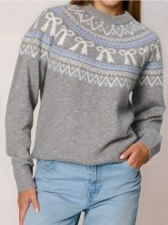 Świąteczny sweter z kokardkami z domieszką wełny - szary. Szare swetry klasyczne damskie Sinsay, l, z wełny, bez kołnierzyka. Za 59.99 zł.