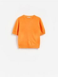 Wełniany sweter z krótkim rękawem - pomarańczowy. Brązowe swetry klasyczne damskie Reserved, l, z wełny, bez kołnierzyka. Za 119.99 zł.