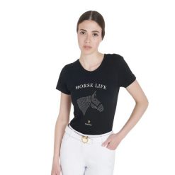Damska koszulka slim fit z motywem koni i dżetami. Czarne t-shirty damskie EQUESTRO, l, bez wzorów, z bawełny, bez ramiączek. Za 225.48 zł.