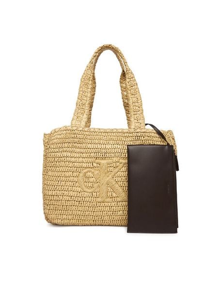Calvin Klein Torebka Bold Ck Raffia Medium Tote LV04F3447G Beżowy. Brązowe torebki klasyczne damskie CALVIN KLEIN, bez wzorów, z syntetyku, bez dodatków. Za 461.99 zł.