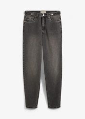 Jeansy mom, high waist, cropped. Szare jeansy damskie bonprix, z podwyższonym stanem. Za 147.99 zł.