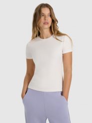4F T-shirt z prążkowanej dzianiny z modalem damski - biały S. Białe t-shirty damskie 4f, s, bez wzorów, z dzianiny, bez kołnierzyka. W wyprzedaży za 69.99 zł.