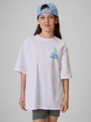 4F T-shirt loose z nadrukiem dziewczęcy - biały 122/128 (6-8 lat). Białe koszulki dziewczęce 4f, s, bez wzorów, z bawełny, bez ramiączek. Za 59.99 zł.