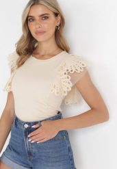 Jasnobeżowy Bawełniany Top z Koronką przy Ramionach Learena. Brązowe topy damskie Born2be, m, bez wzorów, z bawełny, bez kołnierzyka. Za 89.99 zł.