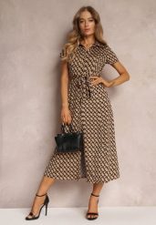 Ciemnobeżowa Sukienka Prixia. Brązowe sukienki damskie Renee, l, bez wzorów, z materiału, eleganckie, bez kołnierzyka, bez ramiączek, midi, koszulowe. W wyprzedaży za 118.99 zł.