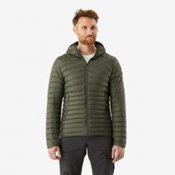 Kurtka puchowa turystyczna męska Forclaz MH100 -5°C. Zielone kurtki męskie FORCLAZ, l, bez wzorów, z materiału, sportowe, z kapturem. Za 299.99 zł.