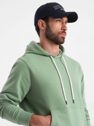 Bluza męska dresowa kangurka z kapturem - zielona V3 OM-SSBN-0177 - S. Zielone bluzy z kapturem męskie Ombre Clothing, m, z bawełny. Za 77.99 zł.