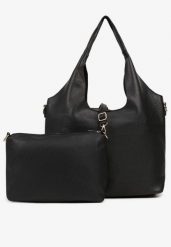 Czarna Torebka Typu Shopper z Dodatkową Saszetką i Przeszyciami Latarina. Czarne shopper bag damskie Born2be, bez wzorów, z jeansu, bez dodatków. Za 119.99 zł.