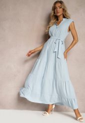 Jasnoniebieska Sukienka z Paskiem w Talii o Rozkloszowanym Fasonie bez Rękawów Ellasin. Niebieskie sukienki damskie Renee, na co dzień, l, bez wzorów, eleganckie, bez kołnierzyka, bez ramiączek, maxi, proste. W wyprzedaży za 69.99 zł.