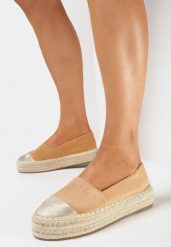 Brązowe Wsuwane Espadryle na Plecionej Platformie z Ozdobnym Noskiem Leoppa. Brązowe espadryle damskie Born2be, bez wzorów, bez obcasa. Za 79.99 zł.