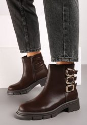 Brązowe Płaskie Botki Ozdobione Tłoczeniem i Klamrami Ivaniael. Brązowe botki damskie Born2be, z jeansu, eleganckie, bez obcasa, na obcasie, bez zapięcia. Za 139.99 zł.