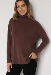 Brązowy Sweter z Golfem i Dodatkiem Kaszmiru Rorizia. Brązowe golfy damskie Born2be, z aplikacjami, z jeansu, bez ramiączek. Za 109.99 zł.