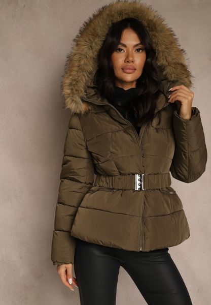 Ciemnozielona Kurtka Pikowana z Nieodpinanym Kapturem Futerkiem i Paskiem Retelda. Zielone kurtki damskie Renee, na zimę, l, bez wzorów, z jeansu. Za 219.99 zł.