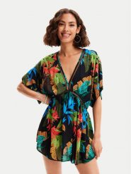 Desigual Sukienka plażowa Tropical Party 24SWMW23 Czarny Loose Fit. Czarne sukienki damskie Desigual, na imprezę, xl, bez wzorów, z wiskozy, bez kołnierzyka, bez ramiączek. Za 259.99 zł.