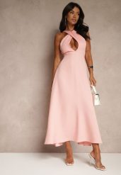 Różowa Koktajlowa Sukienka z Wiskozą i Dekoltem Halter Dolmanna. Czerwone sukienki damskie Renee, l, bez wzorów, z wiskozy, eleganckie, bez kołnierzyka, bez ramiączek, maxi. Za 89.99 zł.