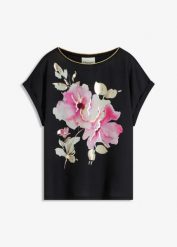 Bluzka z wstawką z tkaniny. Czarne bluzki damskie bonprix, bez wzorów, z satyny, eleganckie, bez kołnierzyka, bez ramiączek. Za 37.99 zł.