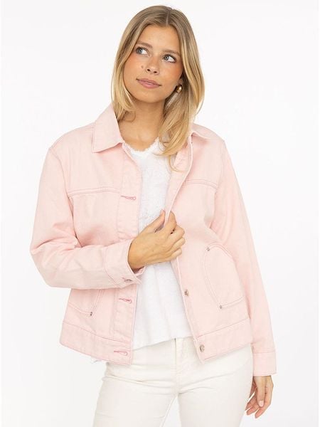 Zwillingsherz Kurtka dżinsowa w kolorze jasnoróżowym rozmiar: S. Różowe kurtki damskie Zwillingsherz, s, z aplikacjami, ze skóry, bez kaptura. Za 174.43 zł.